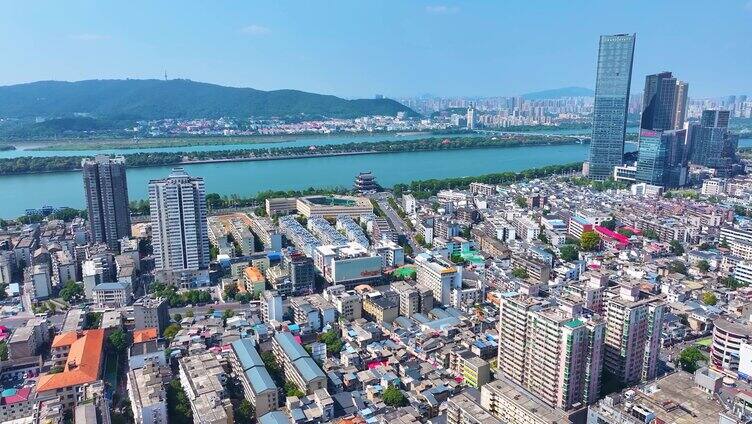 湖南长沙湘江杜甫江阁茶馆航拍城市地标风景