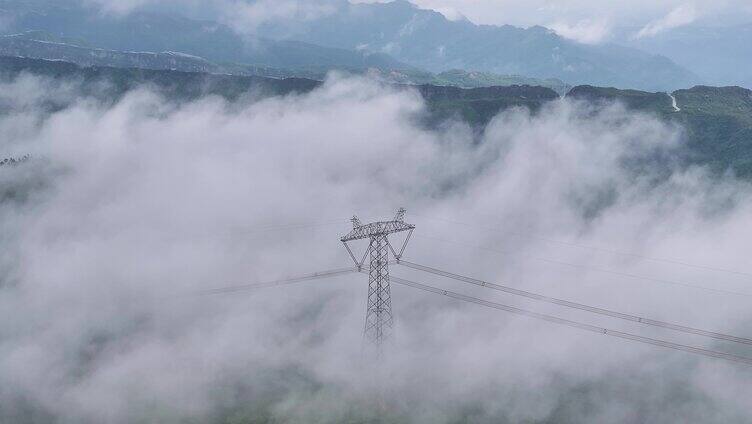 唯美森林云海高压输电线电网电塔供电高压线