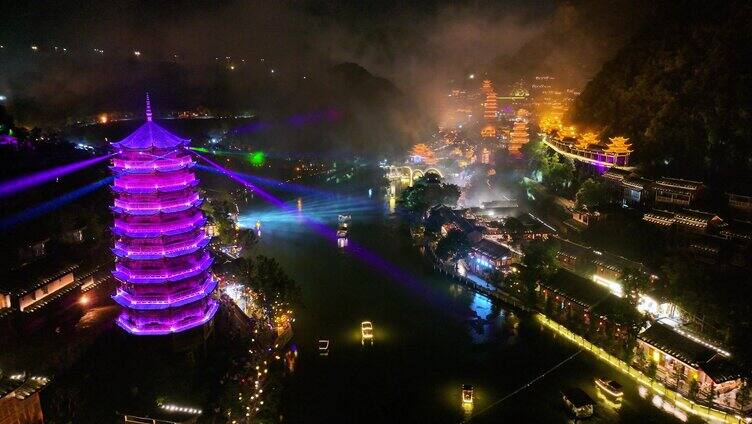 烟雨江南贵州兴义峰林布依夜景航拍