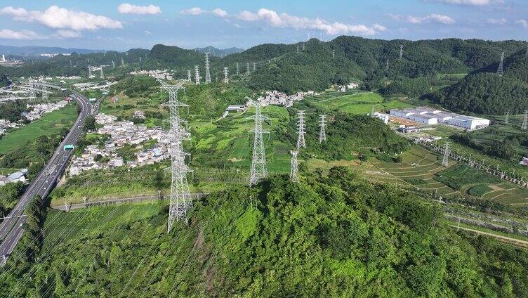 电力设施火电厂发电高压输电线供电航拍