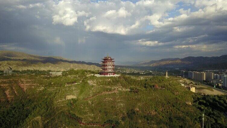 朝阳阁城市航拍 阁楼 建筑 乐都区 