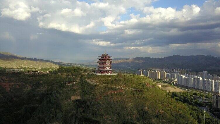 朝阳阁城市航拍 阁楼 建筑 乐都区 