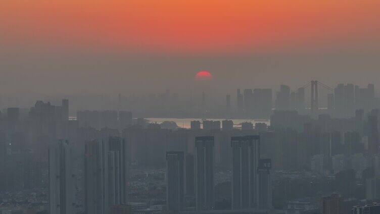 夕阳落日 火烧云 武汉城市建筑群