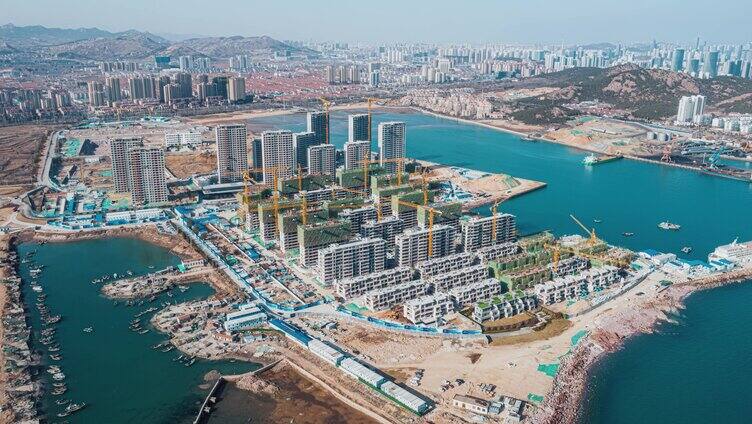 海边楼盘施工海景房建筑工地航拍延时3