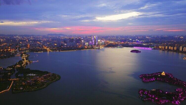 航拍苏州中心CBD金鸡湖东方之门城市景