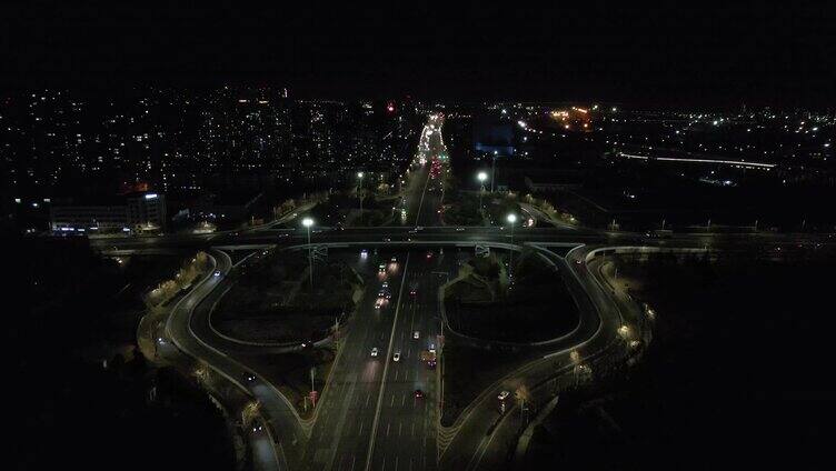 夜晚城市马路车公路航拍城市夜景