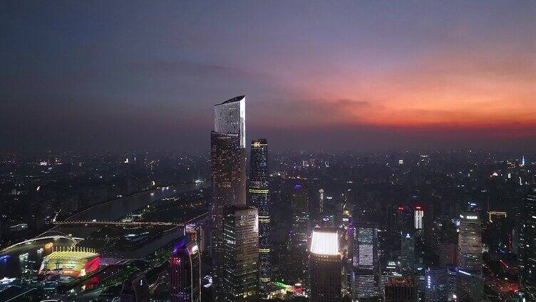 航拍广州珠江新城城市晚霞夜景