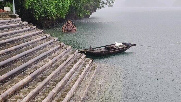  雨后水滴 春季雨季 江边的小船