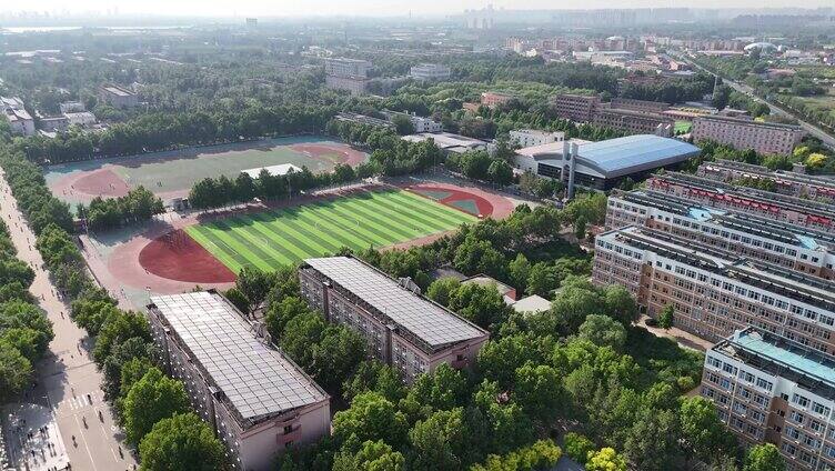 大学校园足球场绿荫塑胶操场跑道