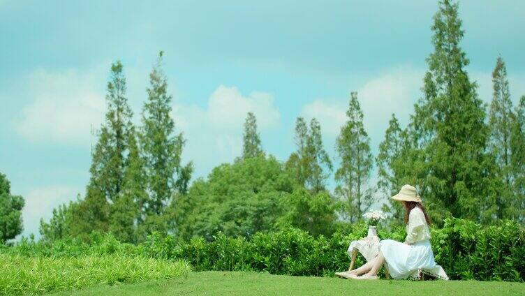 夏日 草地 美女 喝茶 文艺6