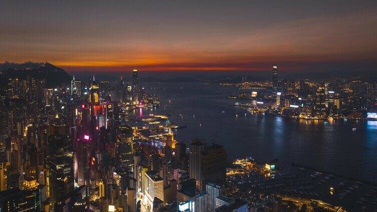 香港城市晚霞夜景航拍延时