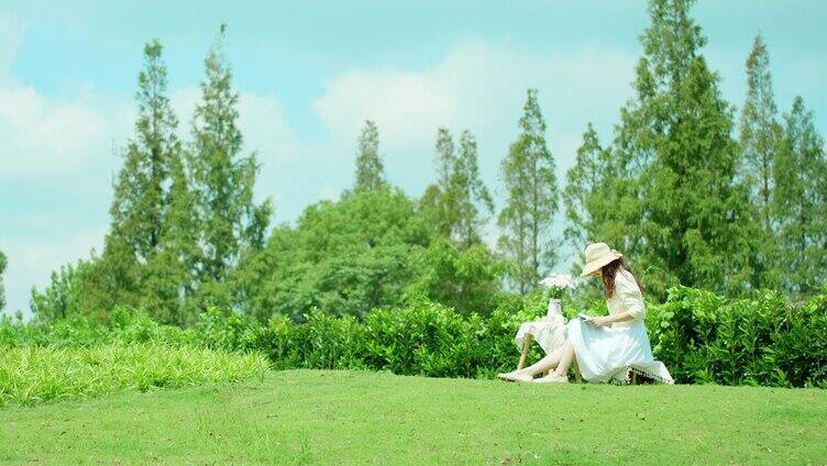 夏日 草地 美女 喝茶 文艺3