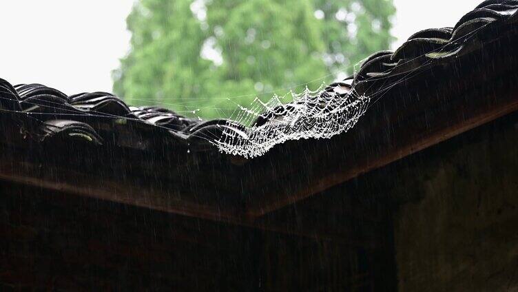 青瓦房雨天雨意屋檐落雨山乡雨景