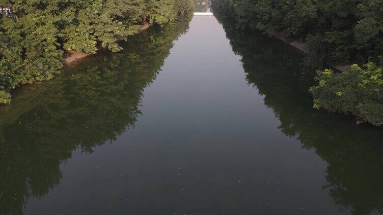 石家庄清晨石津灌渠河道河面河水流淌小桥