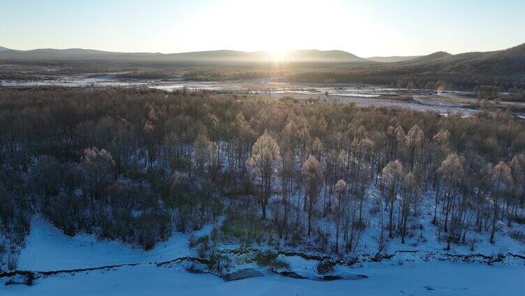 航拍大兴安岭雪色阳光森林