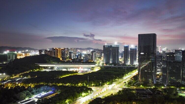 深圳光明区光明城站晚霞夜景航拍延时