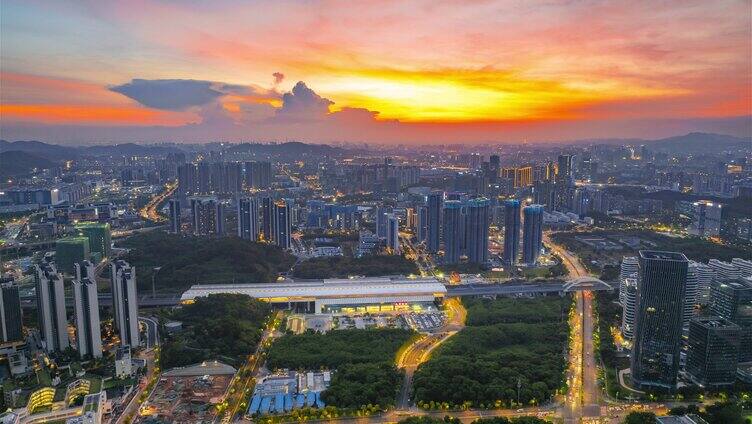 深圳光明区光明城站晚霞夜景航拍延时