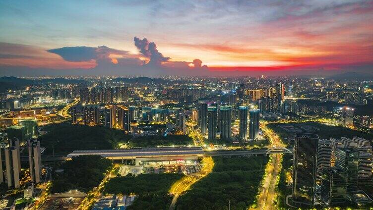 深圳光明区光明城站晚霞夜景航拍延时