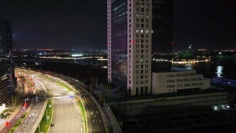 4K航拍郑州北龙湖夜景双层道路