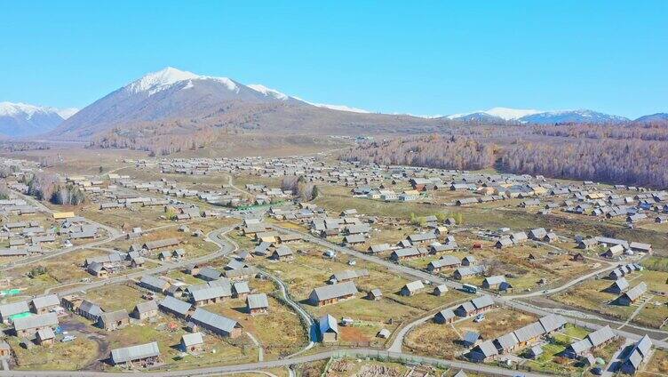 航拍新疆禾木村景区秋色雪山白桦林