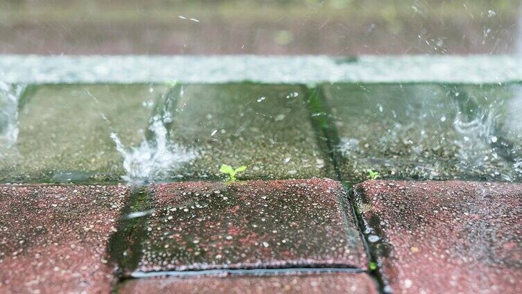 暴雨中雨滴在人行道地砖上溅起特写慢镜