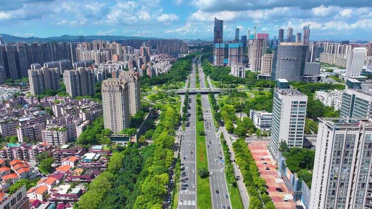 广东省东莞市东莞大道航拍延时车流城市风景