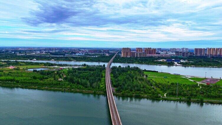 延时摄影航拍石家庄滹沱河铁路桥高铁列车