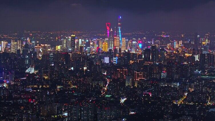 航拍上海摩天大楼陆家嘴城市夜景内透