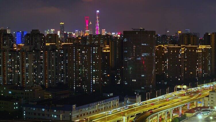 航拍上海摩天大楼陆家嘴城市夜景内透