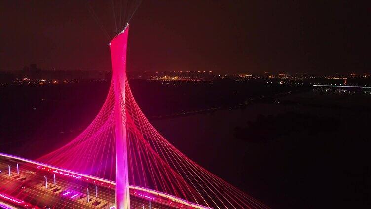 航拍石家庄复兴大街环绕刷锅斜拉桥夜景