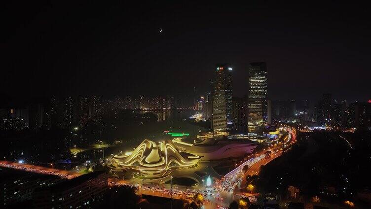 湖南长沙梅溪湖日落夜景城市风光航拍