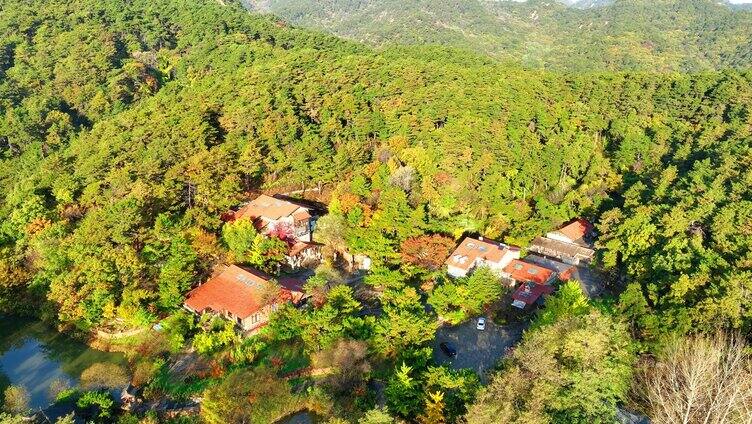 航拍千山郁郁葱葱的山林植被和山村