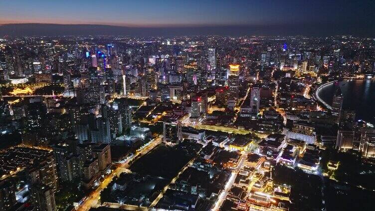 航拍上海浦西CBD高楼夜景亮化