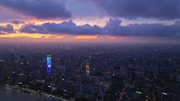 航拍上海北外滩金融中心密集高楼群夜景