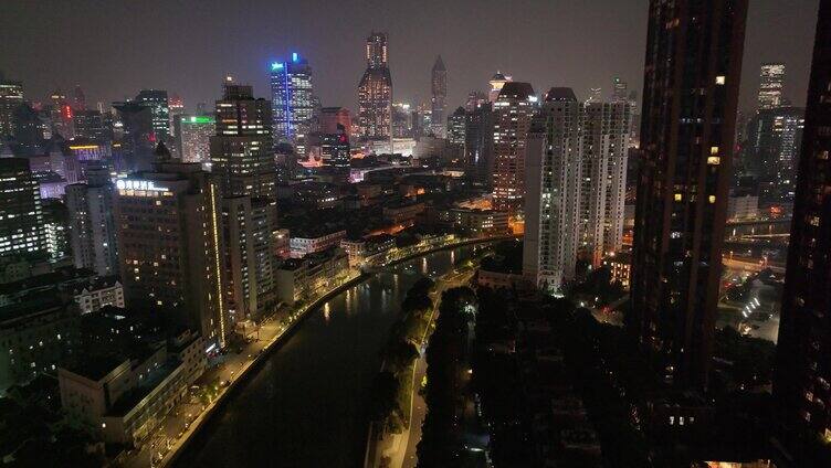 上海夜景航拍苏州河黄浦区虹口区浦东新区夜