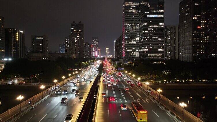 广州大桥海心桥夜景航拍车流交通广州大道夜