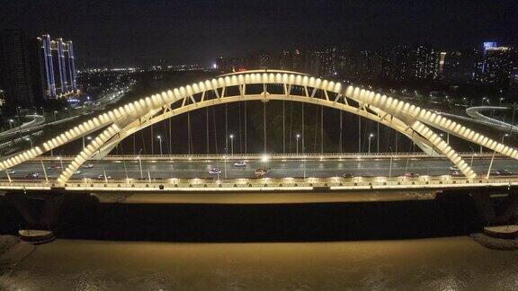 4K航拍西北城市风光大桥夜景灯光