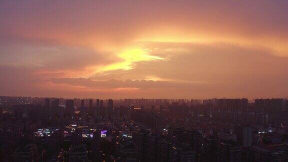 城市风光黄昏夕阳红壮观景象航拍