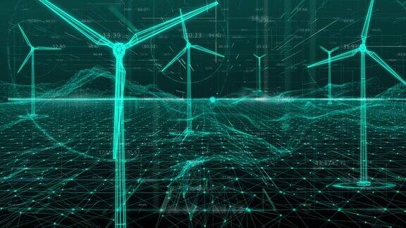 数字未来技术与运动图形风力涡轮机全息图风格产生绿色能源