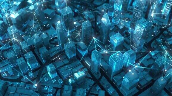城市景观与发光的连接线-大数据、物联网、未来主义建筑