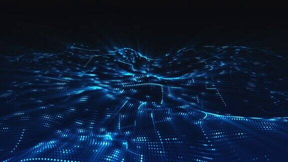 4K运动图形蓝色数字粒子波流和光数字空间抽象背景