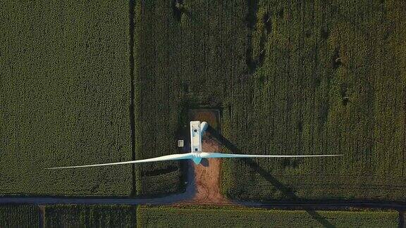 鸟瞰图通过直接上方的风力涡轮机在农业领域