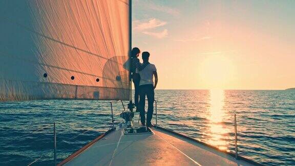 日落时分一对夫妇在一艘帆船上指着地平线