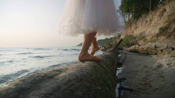 在沙滩上的慢动作中优雅的芭蕾舞演员的腿尖走在树干上难以辨认的才华横溢的白人妇女在日出的芭蕾舞在海岸上跳舞4k影院ProRes总部