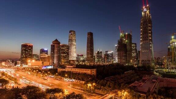 鸟瞰图北京CBD区域黄昏到夜晚的过渡