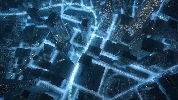 飞行在城市景观与发光的数据线-大数据物联网未来主义建筑
