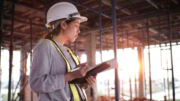 女工程师在施工现场使用数字板进行结构检查