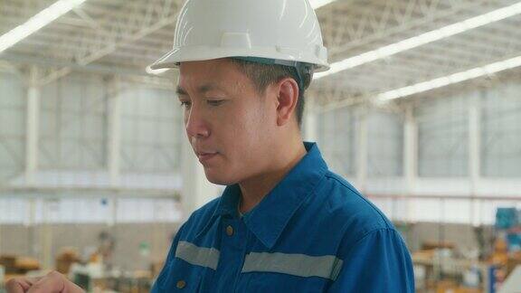 专业的亚洲男性工业工程师站在制造工厂使用平板电脑在制造厂或生产厂工作