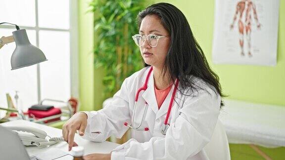 年轻的中国女医生在诊所做病历
