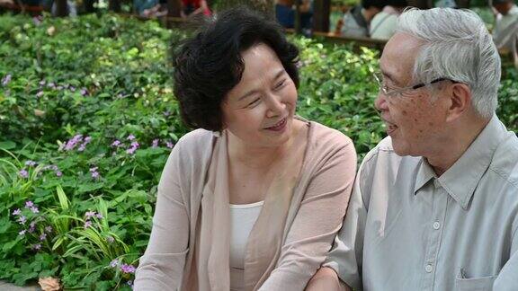 一对深情的中国老年夫妇在公园聊天